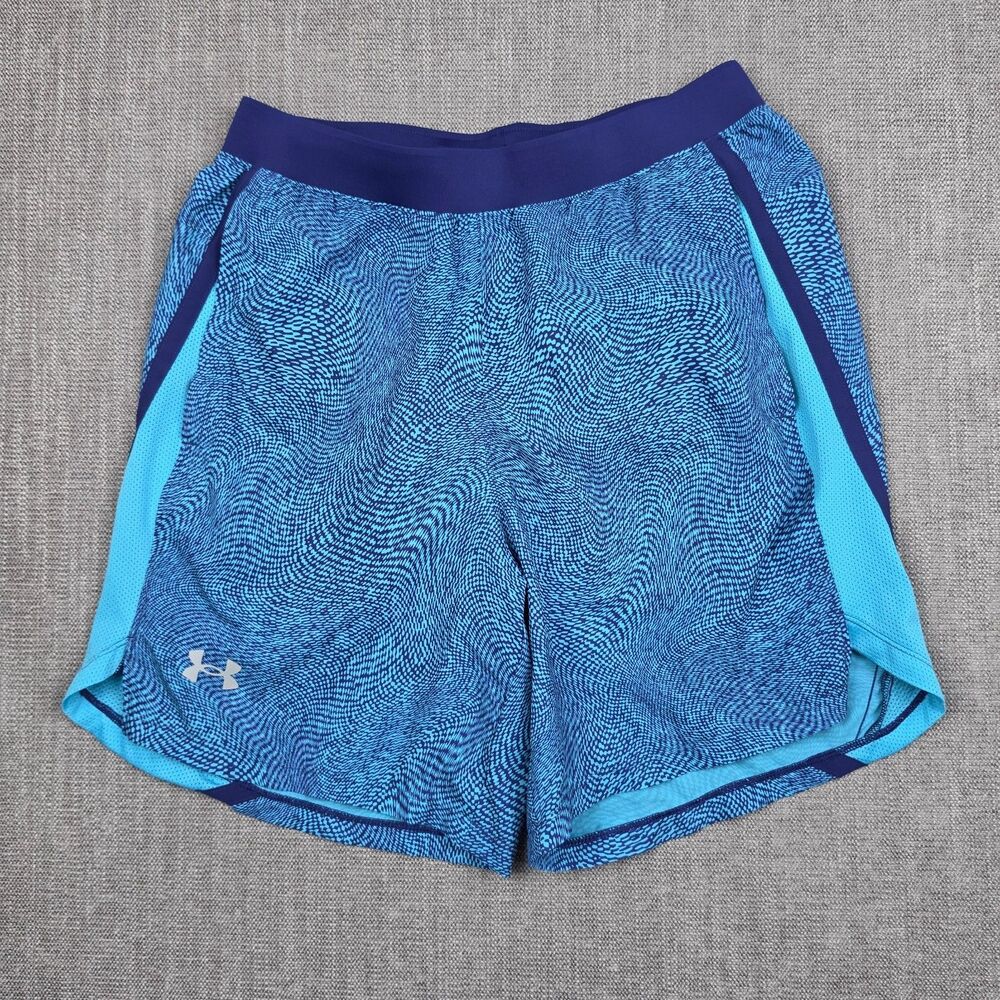 Under Armour Mens Medium Lined Running Shorts Blue Printed Athletic Graphic 7 In